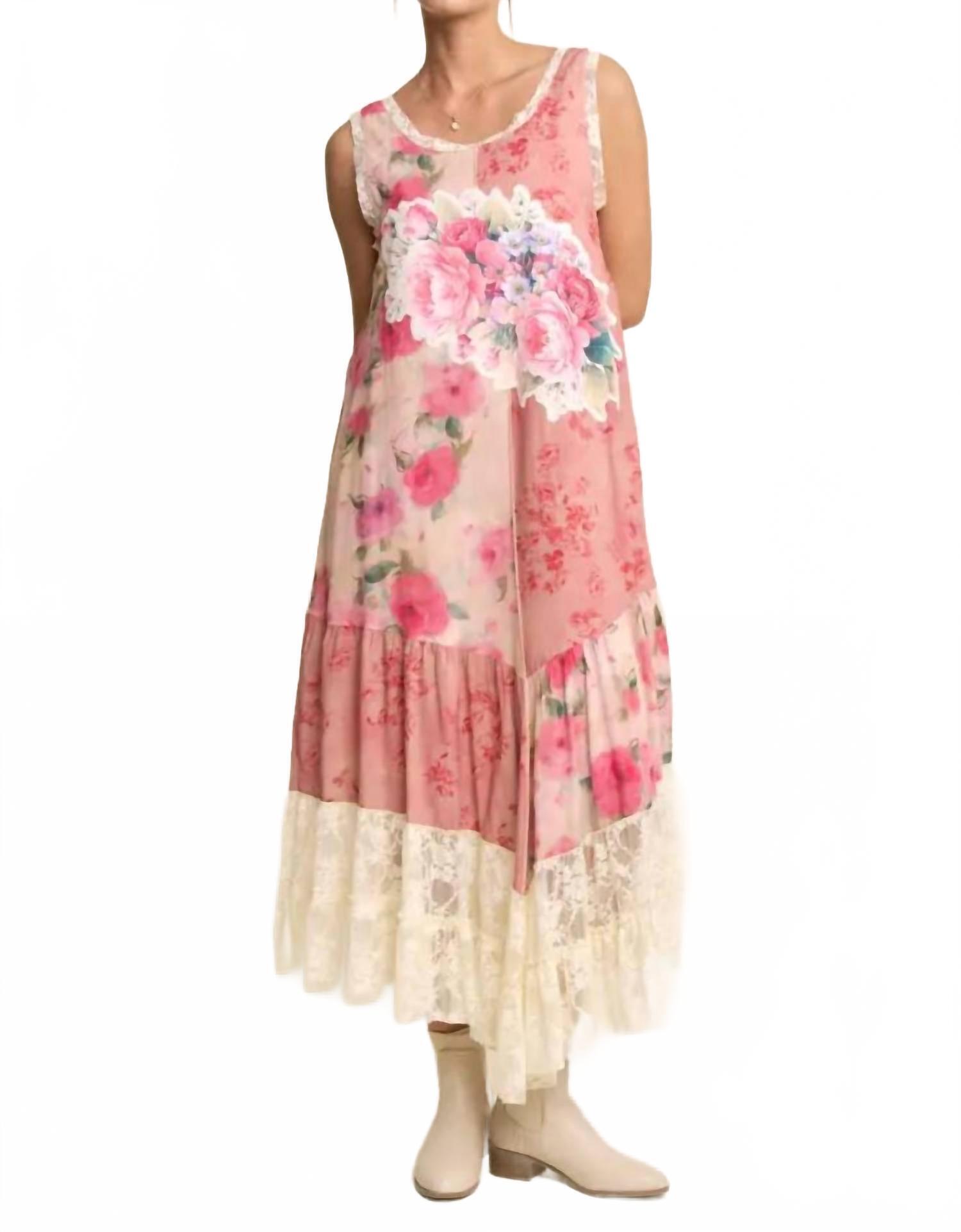 New Davi & Dani Women's Print Flower Patchwork Lace Tiered Dress - Plus In Pink